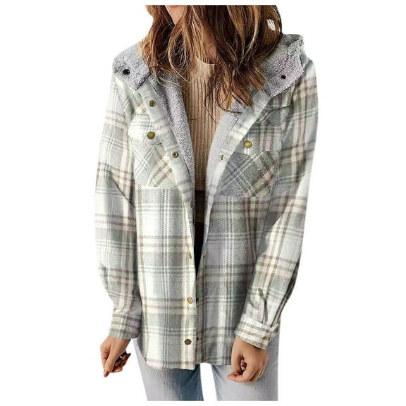 DHFJKG Womens Plaid Shacket Jacket Long Sleeve Button Down Hooded Jackets Warm Lined Casual Relaxed-Fit Soft Jackets