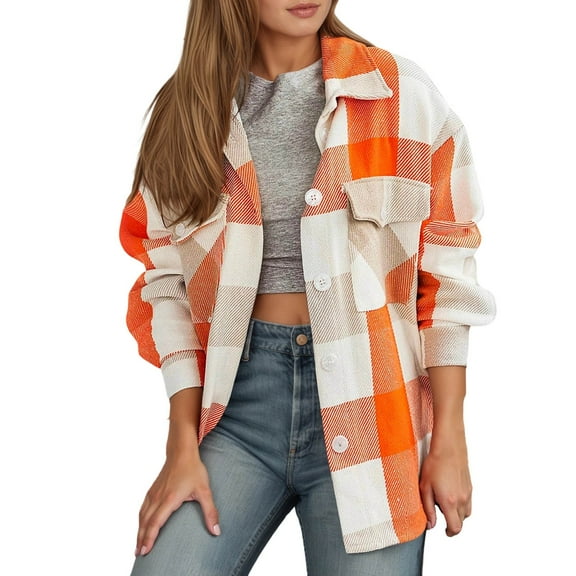 DHFJKG Womens Plaid Shirts Jacket Flannel Button Down Turndown Collar Outerwear With Pockets For Fall Winter Lightweight Long Sleeve Leisure Coat