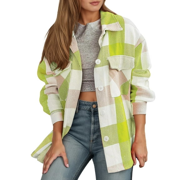 DHFJKG Womens Plaid Shirts Jacket Flannel Button Down Turndown Collar Outerwear With Pockets For Fall Winter Lightweight Long Sleeve Trendy Coat