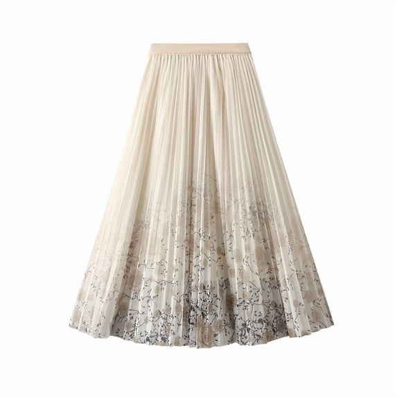 DHFJKG Womens Pleated Skirts Mesh Floral Printed Flowy A-Line Midi Skirts Summer Elastic Waist Comfy Skirt