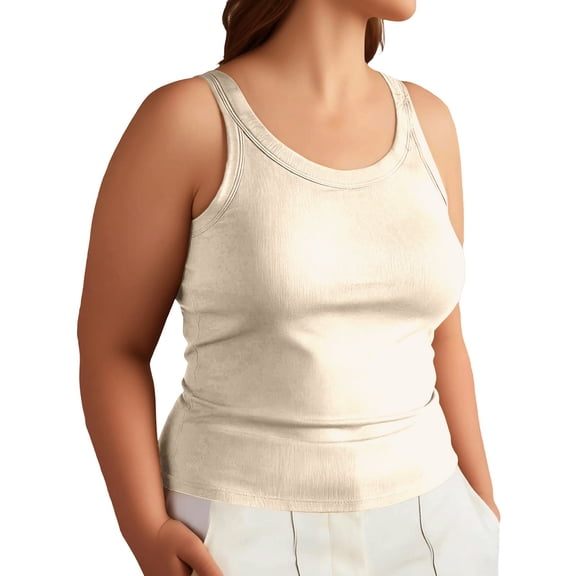 DHFJKG Womens Plus Size Ribbed Tank Top With Built In Bra Wireless Soft Stretch Scoop Neck Sleeveless Summer Basic Tee Comfortable Tops