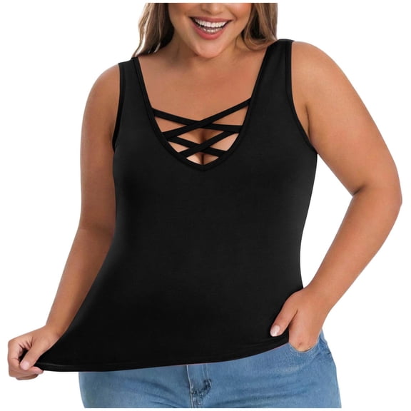 DHFJKG Womens Plus Size Tank Tops With Built In Bra Wide Straps Hallow Out V Neck Solid Color Base Layering Shirt Trendy Top