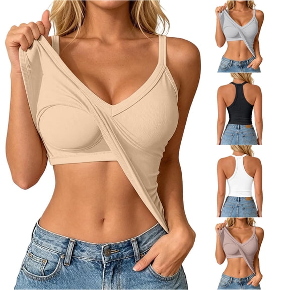 DHFJKG Womens Racerback Tank Top With Built In Bra Spaghetti Strap V Neck Basic Camisole Slim Fit Going Out Casual Summer Outfit Trendy Tops
