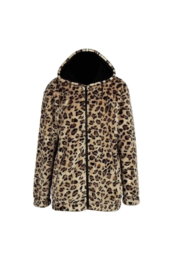 Womens Reversible Wear Leopard Fuzzy Jacket Long Sleeve Hooded Mediun-Length Loose Fit Zipper Coat Casual Outwear Fall Winter Cozy Outerwear