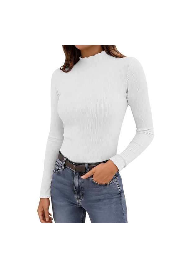 Womens Ribbed Long Sleeve Basic Top Casual High Neck Slim Fit Soft Stretch Casual Base Layer Undershirts Workout Comfortable Tops