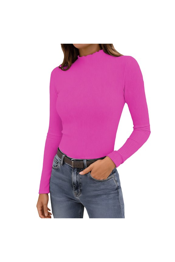 Womens Ribbed Long Sleeve Basic Top Casual High Neck Slim Fit Soft Stretch Casual Base Layer Undershirts Workout Versatile Tops