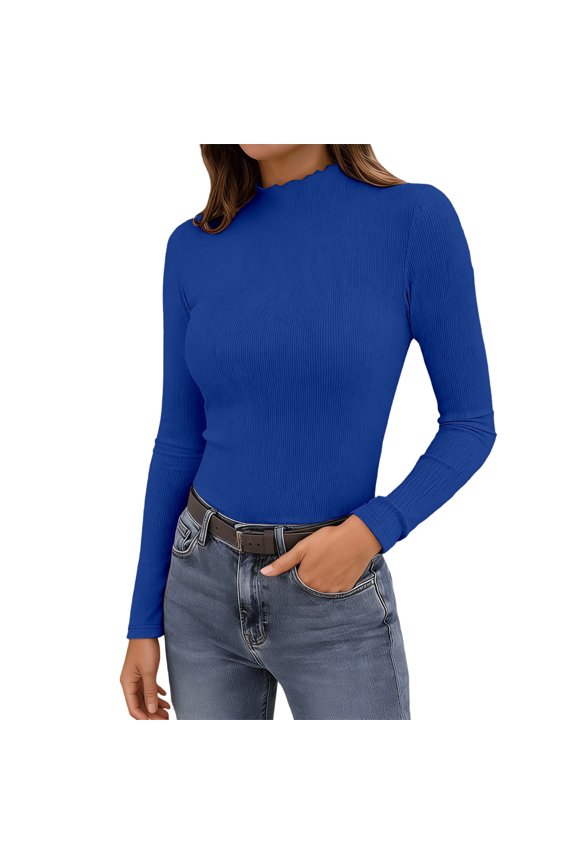 Womens Ribbed Long Sleeve Basic Top Casual High Neck Slim Fit Soft Stretch Casual Base Layer Undershirts Workout Versatile Tops