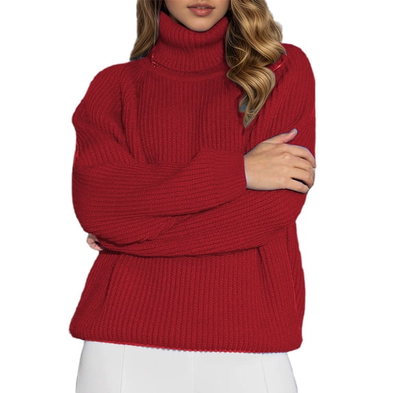 DHFJKG Womens Ribbed Turtleneck Knit Sweater Solid Color Loose Fit Long Sleeve Casual Knitted Top Insulated Soft Jumper Tops