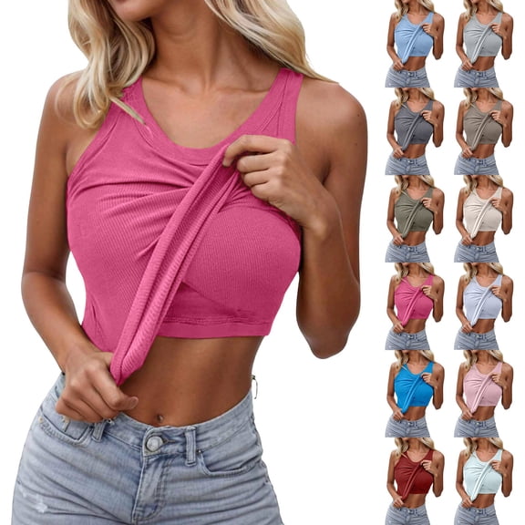 DHFJKG Womens Ribbed Yoga Tank Tops With Built In Bra Scoop Neck Slim Fit Workout Gym Clothes Solid Color Versatile Top