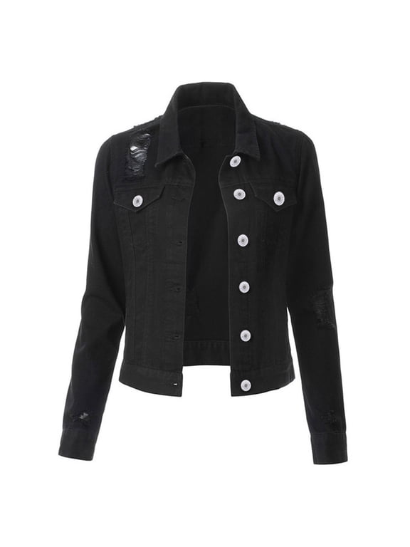 Womens Ripped Denim Crop Jacket Solid Color Long Sleeve Turndown Collar Slim Fit Jacket Cropped Top Cozy Coats