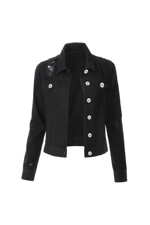 Womens Ripped Denim Crop Jacket Solid Color Long Sleeve Turndown Collar Slim Fit Jacket Cropped Top Cozy Coats