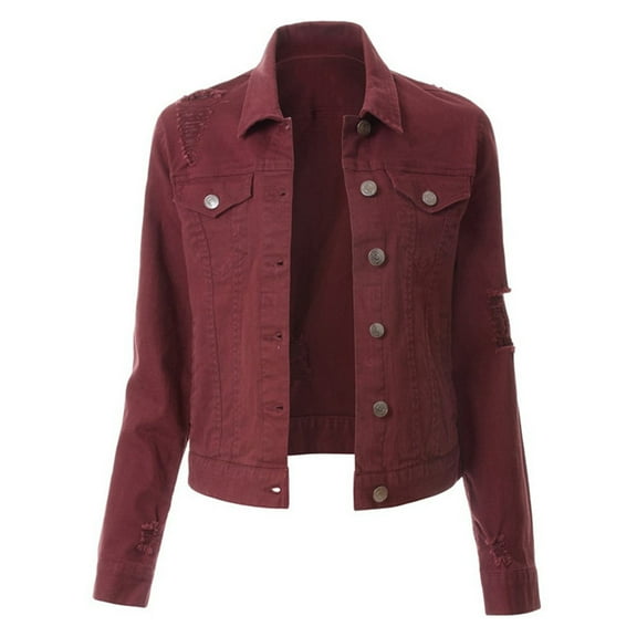 DHFJKG Womens Ripped Denim Crop Jacket Solid Color Long Sleeve Turndown Collar Slim Fit Jacket Cropped Top Leisure Coats