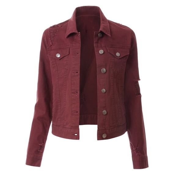 DHFJKG Womens Ripped Denim Crop Jacket Solid Color Long Sleeve Turndown Collar Slim Fit Jacket Cropped Top Leisure Coats