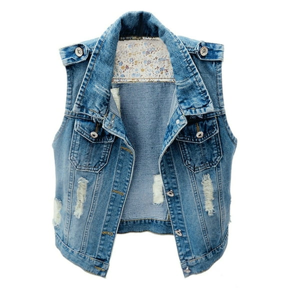DHFJKG Womens Ripped Denim Crop Vest Jacket Classic Junior Sleeveless V Neck Button Down Jean Jacket Cropped Top Cozy Coats