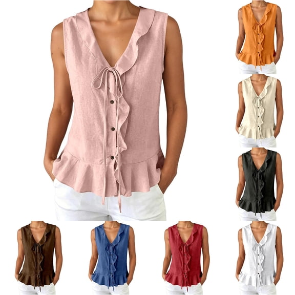 DHFJKG Womens Ruffle Tank Tops V Neck Button Front Sleeveless Blouse Solid Color Casual Dressy Wear Comfy Top