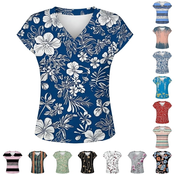 DHFJKG Womens Satin Top Floral Printed V Neck Short Sleeve T Shirt Loose Fit Casual Dressy Wear Soft Tops