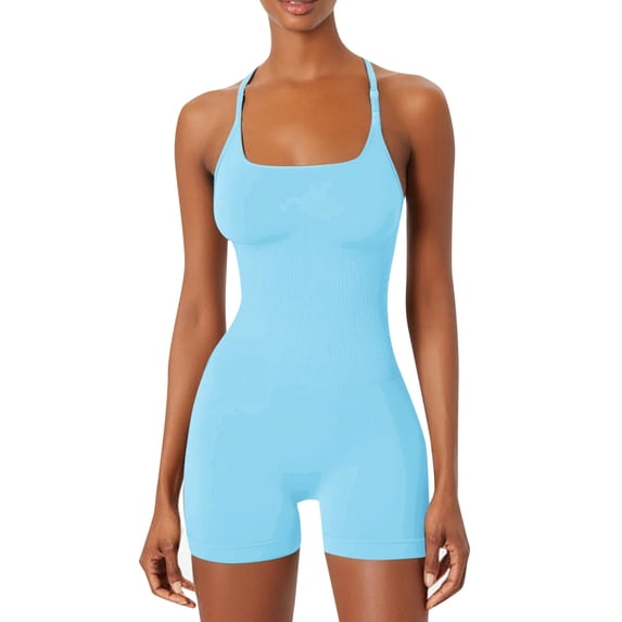DHFJKG Womens Seamless Yoga Romper Adjustable Spaghetti Strap Gym Outfit Fitness Athletic Workout Short Jumpsuits Square Neck Comfortable Onesie