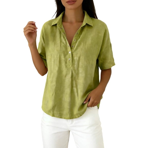 DHFJKG Womens Short Sleeve Collar Shirts Button Front Solid Color Casual Lightweight Linen Basic Top Comfortable Blouse Everyday Wear Trendy Tops