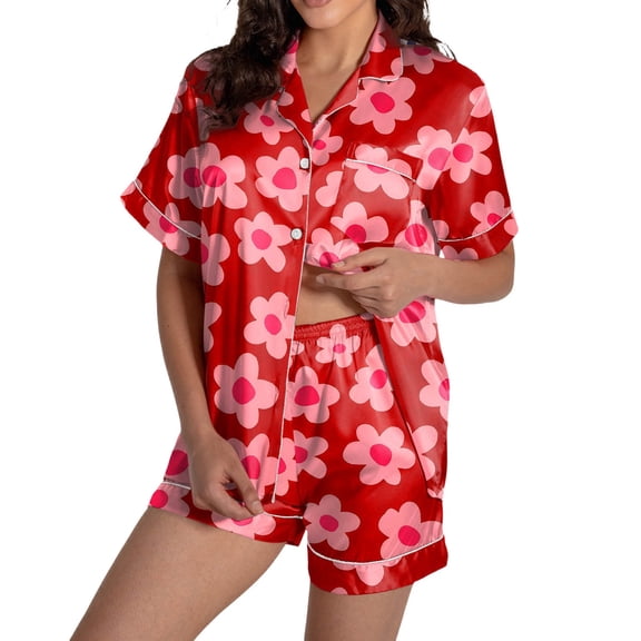 DHFJKG Womens Silk Satin Pajama Sets Summer Short Sleeve Sleepwear Button Up Shirts And Shorts Loungewear 2 Piece Set Printed Soft Home Clothes