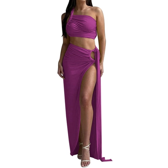 DHFJKG Womens Skirt Sets Summrt 2 Piece Outfits One Shoulder Sleeveless Crop Top Maxi Side Slit Skirts Set Resort Wear Sexy Backless Stylish Outfit