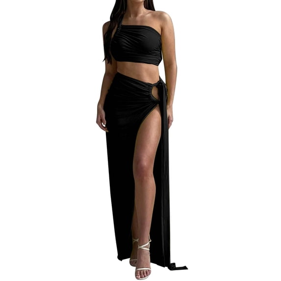 DHFJKG Womens Skirt Sets Summrt 2 Piece Outfits One Shoulder Sleeveless Crop Top Maxi Side Slit Skirts Set Resort Wear Sexy Backless Stylish Outfit