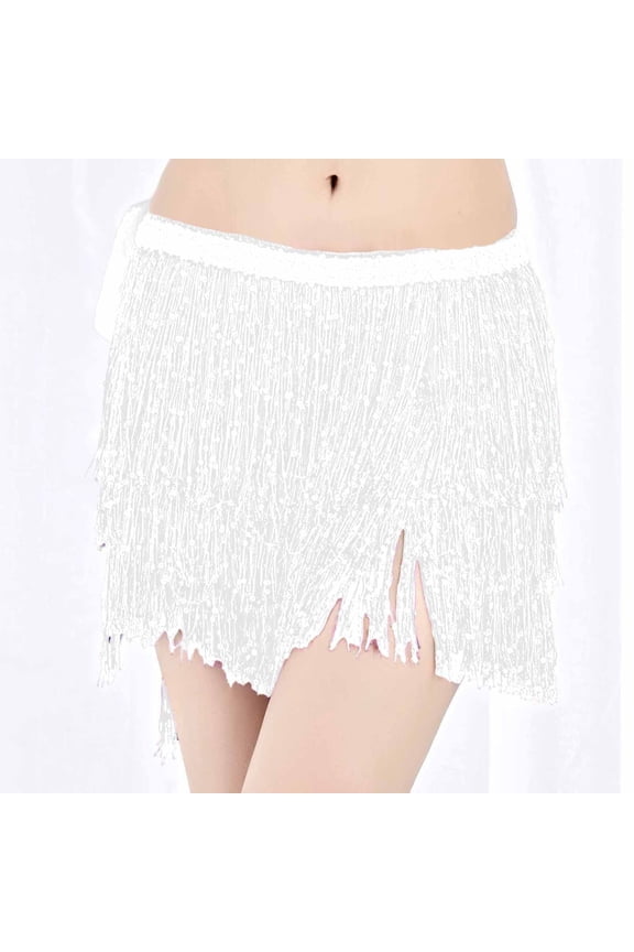 Womens Skirts Bohemian Belly Dance Glitter Tassels Wrap Lace Up Cover Ups Mini Skirt Performance Party Wear Soft Skirt