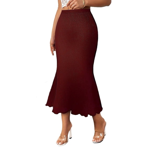 DHFJKG Womens Skirts Flared Ruffle Hem Solid Color Mid-Calf Skirt Slim Fit Mid Rise Lightweight Soft Skirt