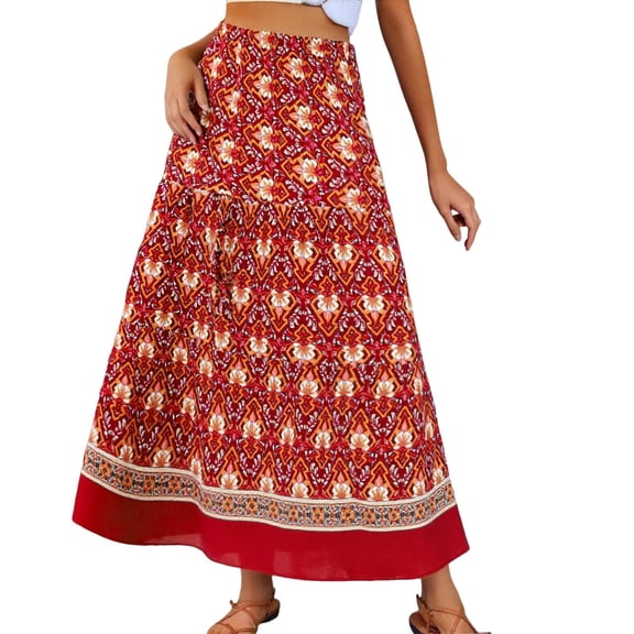 DHFJKG Womens Skirts Floral Print Maxi Long Skirt With Flowy Hem Elastic Waist Bohemian Beach Trendy Skirt