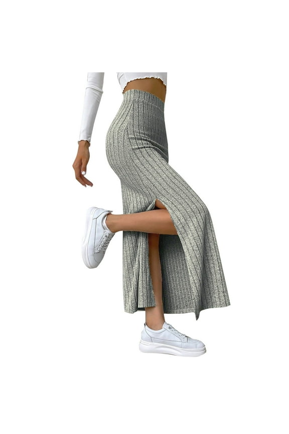 Womens Skirts Knitted Ribbed High Waist Side Slit Slim Fit Maxi Skirt Solid Color Sweater Soft Skirt