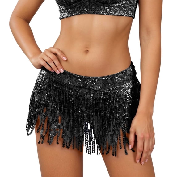 DHFJKG Womens Skirts Latin Dance Glitter Sequins Tassels Mini Skirt With Asymmetric Hem Performance Wear Soft Skirt