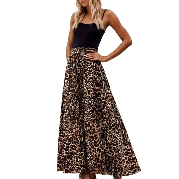 DHFJKG Womens Skirts Leopard Print Pleated Flowy Maxi Long Skirt Casual A Line Ankle-Length Beach Trendy Skirt