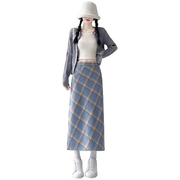 DHFJKG Womens Skirts Plaid High Waist Side Slit Mid-Calf Skirt Slim Fit A Line Bodycon Comfort Skirt