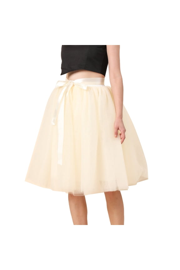 Womens Skirts Solid Color Bow Belted Tulle Mesh Ball Gown Skirt Puffy Petticoat Crinoline Knee Length Carnival Soft Skirt