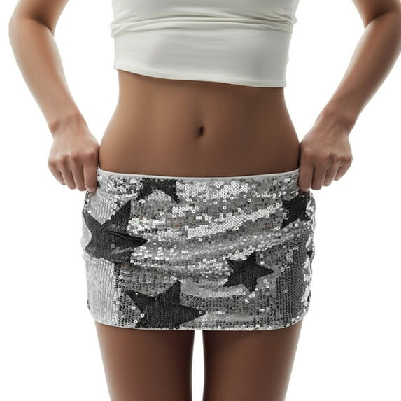 DHFJKG Womens Skirts Sparkly Sequin Star Pattern Low Rise Bodycon Mini Skirt Nightclub Party Wear Comfort Skirt