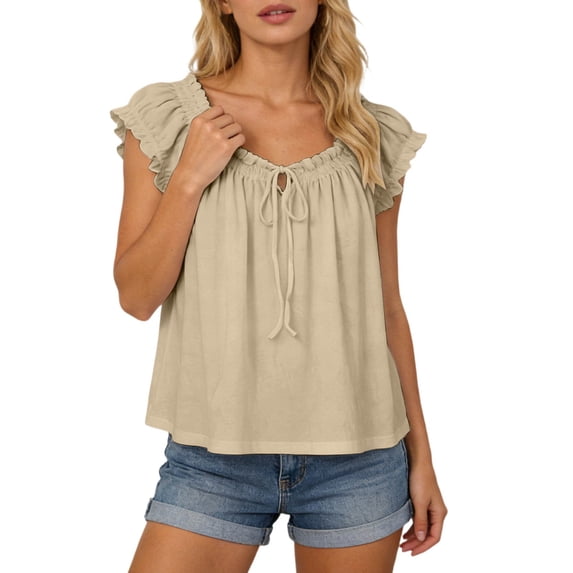 DHFJKG Womens Sleeveless T Shirt Ruffle Trim Scoop Neck Tank Top Casual Summer Beach Loose Fit Bohomian Vacation Clothes Trendy Tops