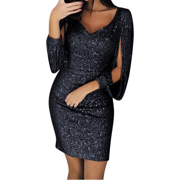 DHFJKG Womens Sparkly Dresses For Wedding Guest Glitter Bodycon Long Sleeve V Neck Mini Dress Carnival Night Out Clubwear For Ladies Stylish Dresses
