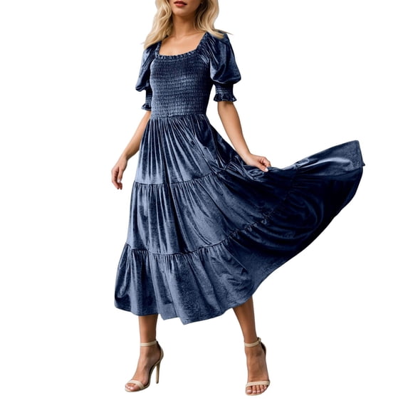 DHFJKG Womens Square Neckline Dresses Puff Short Sleeve Smocked Waist Cami Long Dress Velvet Solid Color Tiered Maxi Stylish Dresses