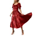 thumbnail image 1 of DHFJKG Womens Square Neckline Dresses Puff Short Sleeve Smocked Waist Cami Long Dress Velvet Solid Color Tiered Maxi Stylish Dresses, 1 of 5