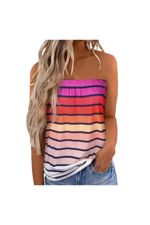 Womens Strapless Tube Top Striped Leopard Casual Summer Loose Fit Beach Tank Tops Sexy Going Out Spring Outfits Trendy Cami Shirt
