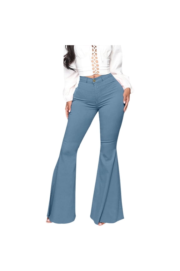 Womens Stretch Slim Fit Flared Jeans Solid Color Casual Flare Denim Pants Versatile Trousers