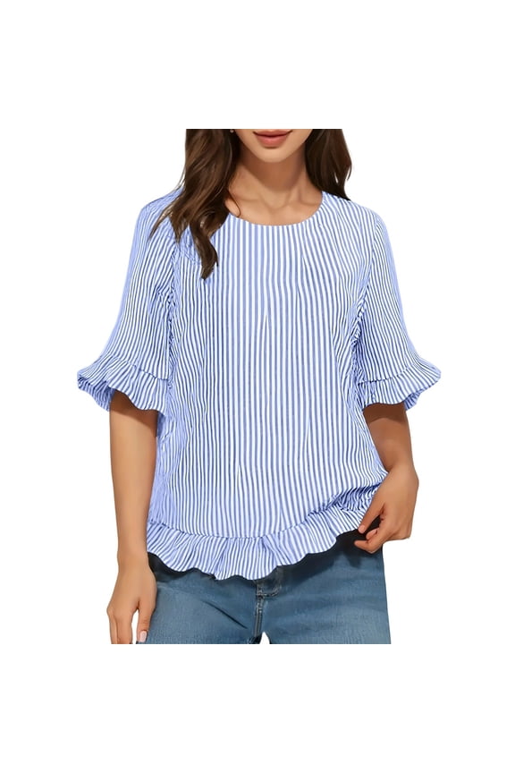 Womens Striped T Shirt Half Sleeve Ruffle Trim Crew Neck Loose Fit Curved Hem Casual Daily Wear Graphic Tees Versatile Tops