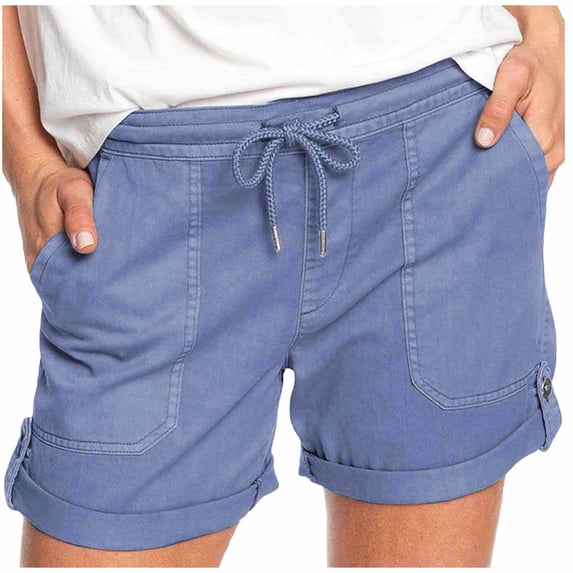 DHFJKG Womens Summer Shorts Solid Color Straight Leg Casual Elastic Drawstring Waist Rolled Hem Shorts With Pockets Trendy Bottoms