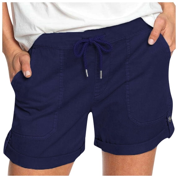 DHFJKG Womens Summer Shorts Solid Color Straight Leg Casual Elastic Drawstring Waist Rolled Hem Shorts With Pockets Versatile Bottoms