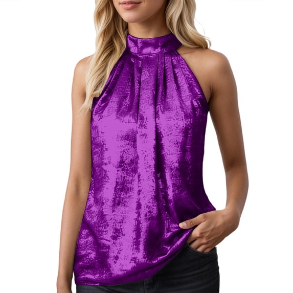 DHFJKG Womens Summer Sleeveless Tank Top Metallic Halter High Neck Loose Fit Blouse Daily Wear Solid Color Soft Stylish Tops