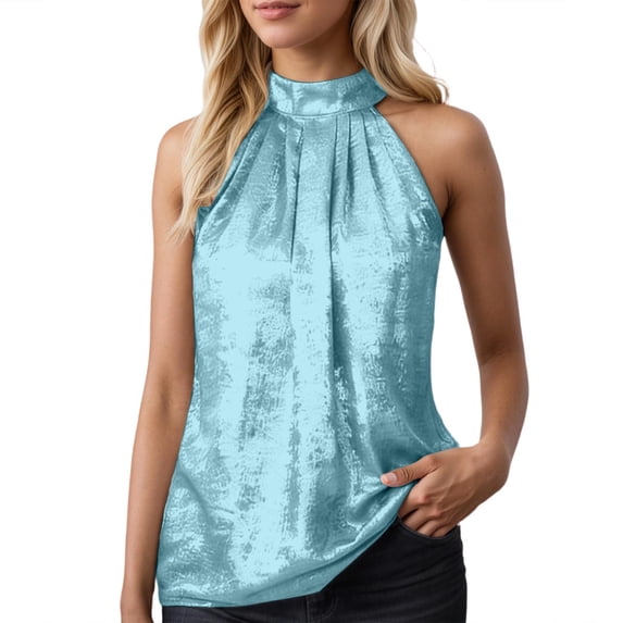 DHFJKG Womens Summer Sleeveless Tank Top Metallic Halter High Neck Loose Fit Blouse Daily Wear Solid Color Soft Versatile Tops