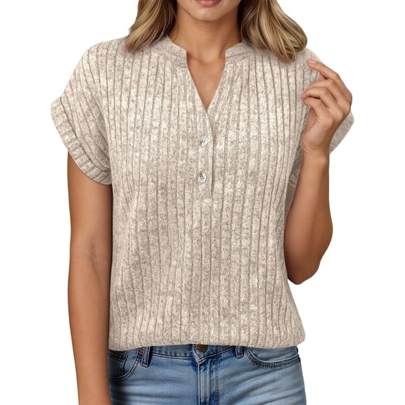 DHFJKG Womens Summer Top Batwing Short Sleeve T Shirt Soft Texture Ribbed Relaxed Fit Button Up Solid Color Stylish Tops