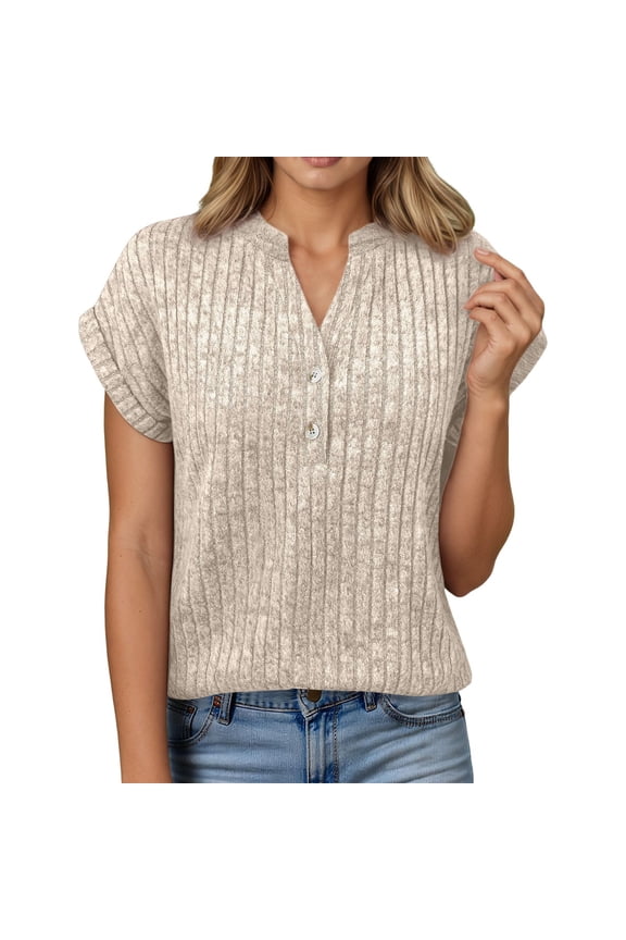 Womens Summer Top Batwing Short Sleeve T Shirt Soft Texture Ribbed Relaxed Fit Button Up Solid Color Stylish Tops