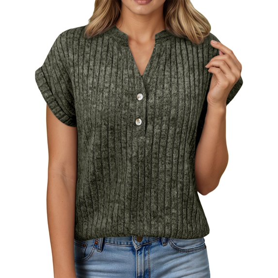 DHFJKG Womens Summer Top Batwing Short Sleeve T Shirt Soft Texture Ribbed Relaxed Fit Button Up Solid Color Versatile Tops