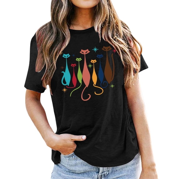 DHFJKG Womens Summer Top Graphic Tee Cute Cat Print Short Sleeve Crew Neck T Shirt Summer Soft Everyday Casual Pullover Versatile Tops