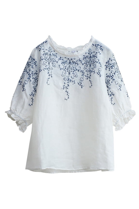 Womens Summer Tops Crewneck Half Sleeve Shirts Casual Plus Size Blouses Floral Embroidery Trendy 2026 Ethnic Style Clothing Versatile Tops